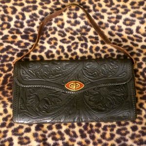 Vintage Black Leather Tooled Purse / Clutch